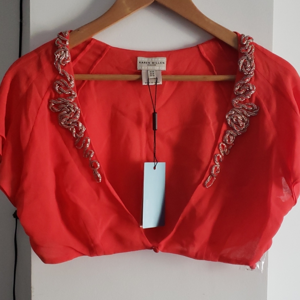 Karen Millen Silk Coral Shrug with Silver Beading